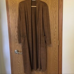 Duster length brown sweater w suede patch details